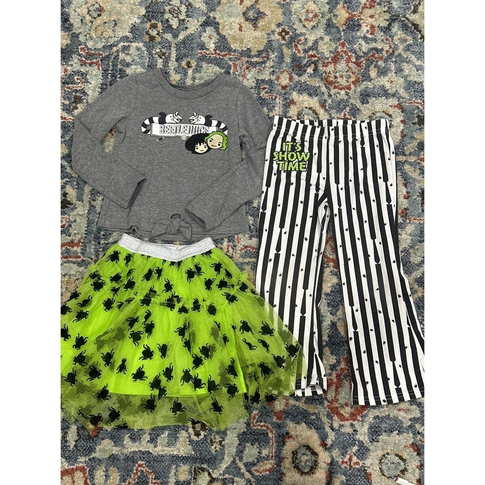 Beetlejuice 3pc Outfit Set Girls 4T Gray Green Striped Tutu Flare Pants GUC